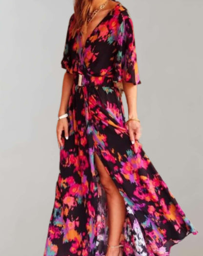 Women's Wedding Guest Printed V Neck Maxi Dress With Slit