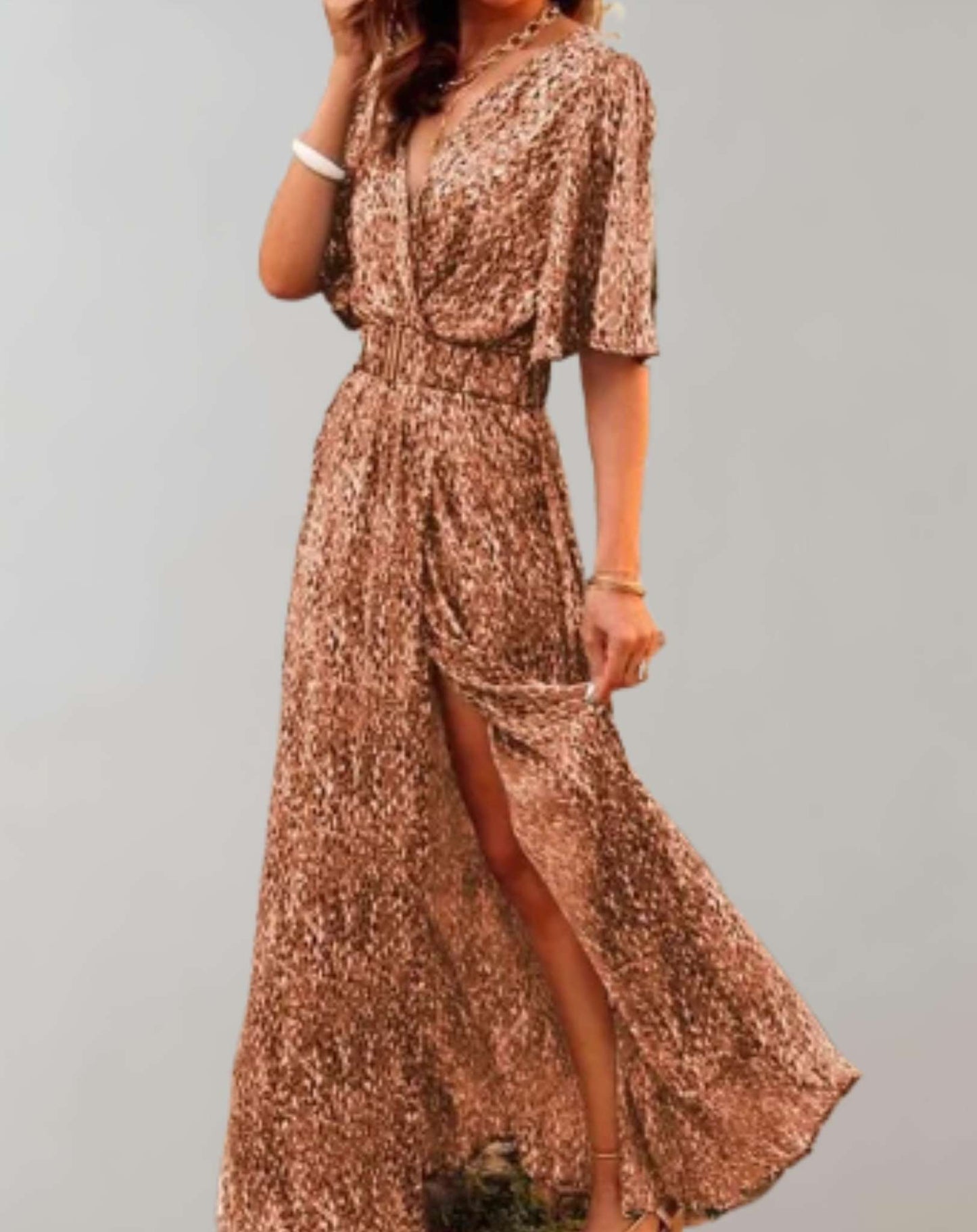 Women's Wedding Guest Printed V Neck Maxi Dress With Slit