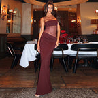 Bordowa Maxi Sukienka z Koronkowym Talią