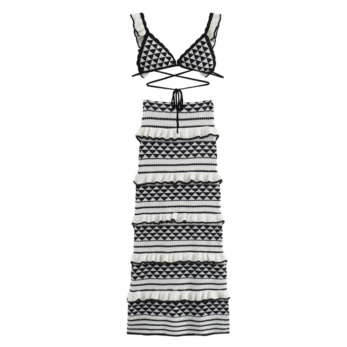 Women's Vacation Geometric Knit Bralette and Midi Skirt Set