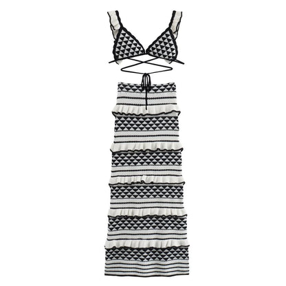 Women's Vacation Geometric Knit Bralette and Midi Skirt Set