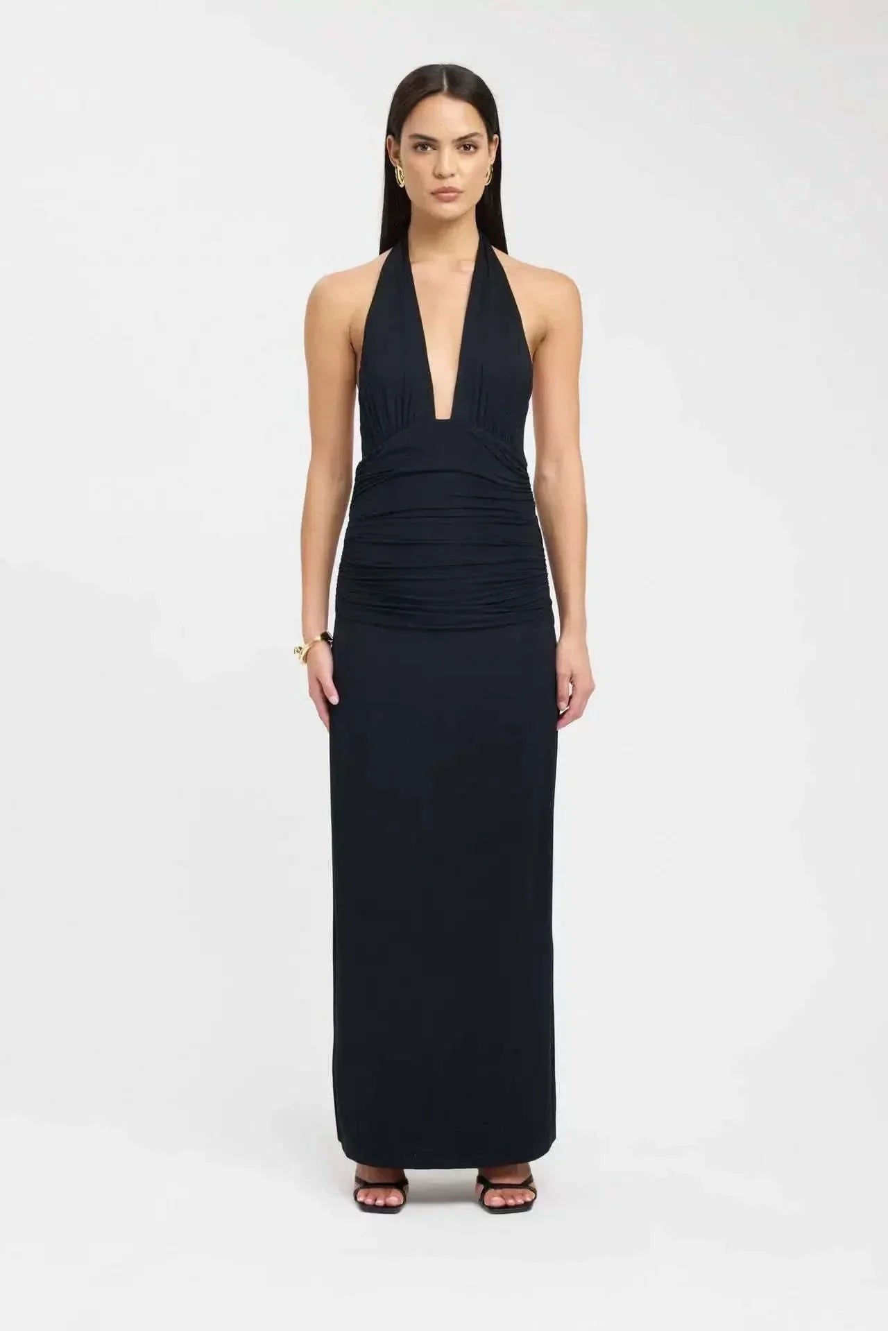 Women's Formal Halter Plunge Ruched Maxi Dress