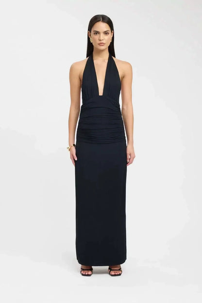 Women's Formal Halter Plunge Ruched Maxi Dress