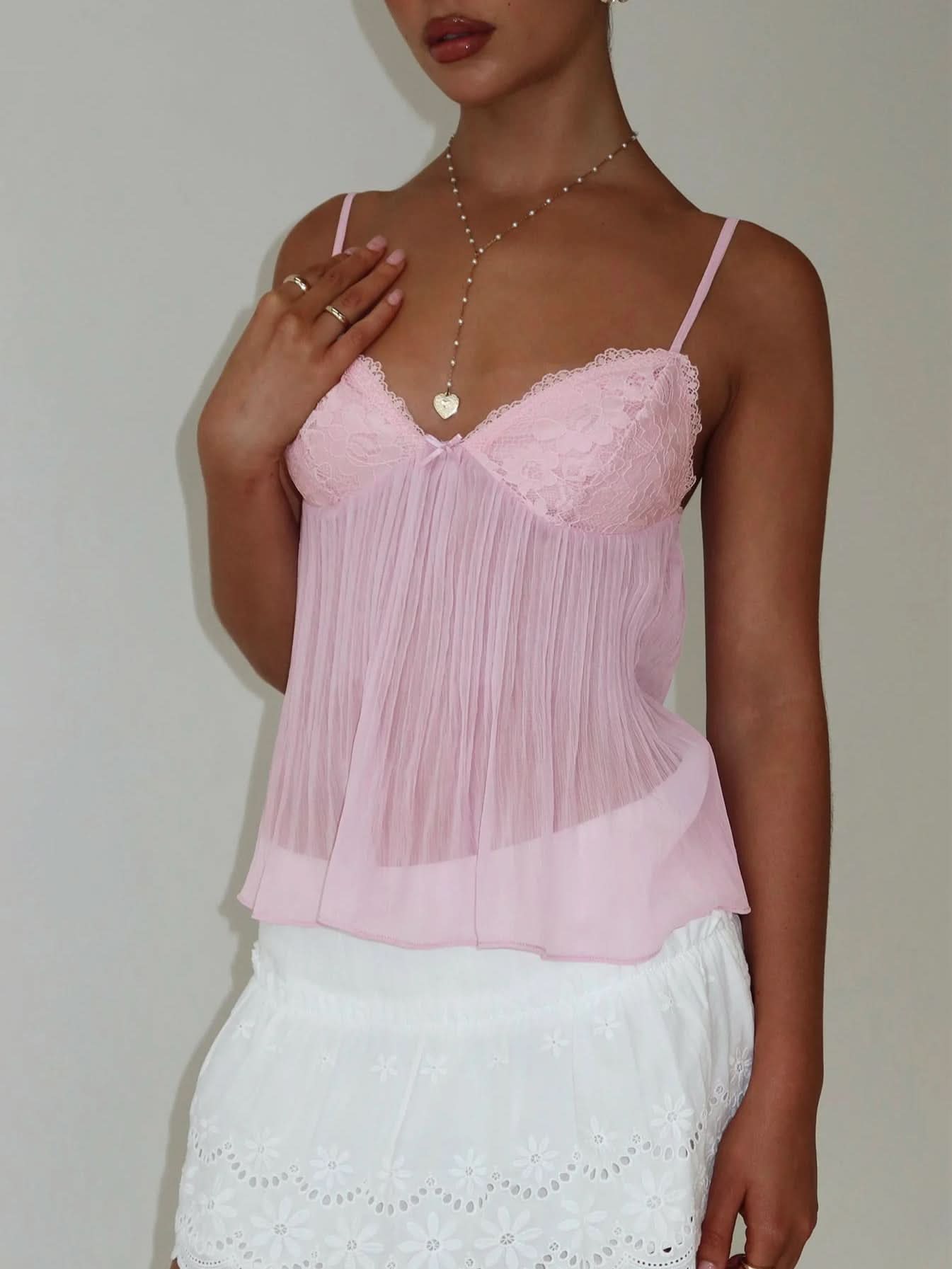 Women's Lace V Neck Pleated Cami Tank Top