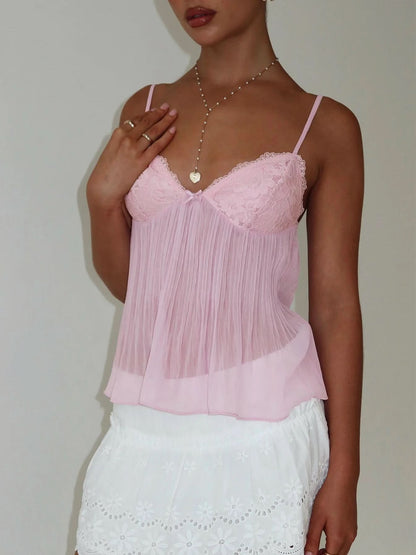 Women's Lace V Neck Pleated Cami Tank Top