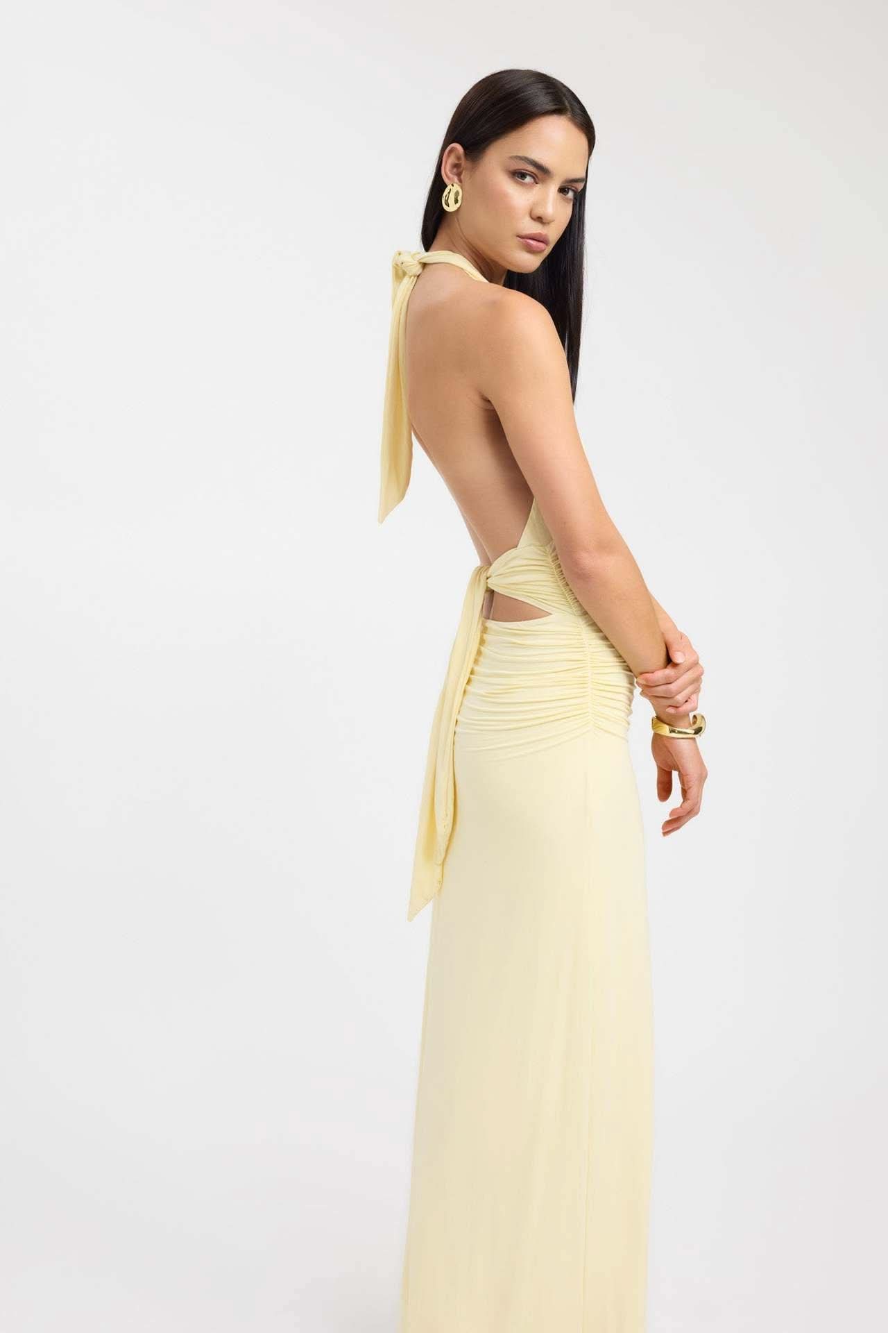 Women's Formal Halter Plunge Ruched Maxi Dress