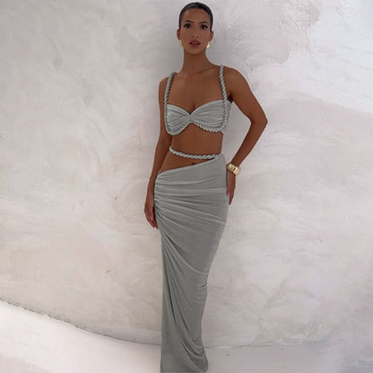 Women's Cocktail Ruched Cutout Maxi Dress Two Piece Set