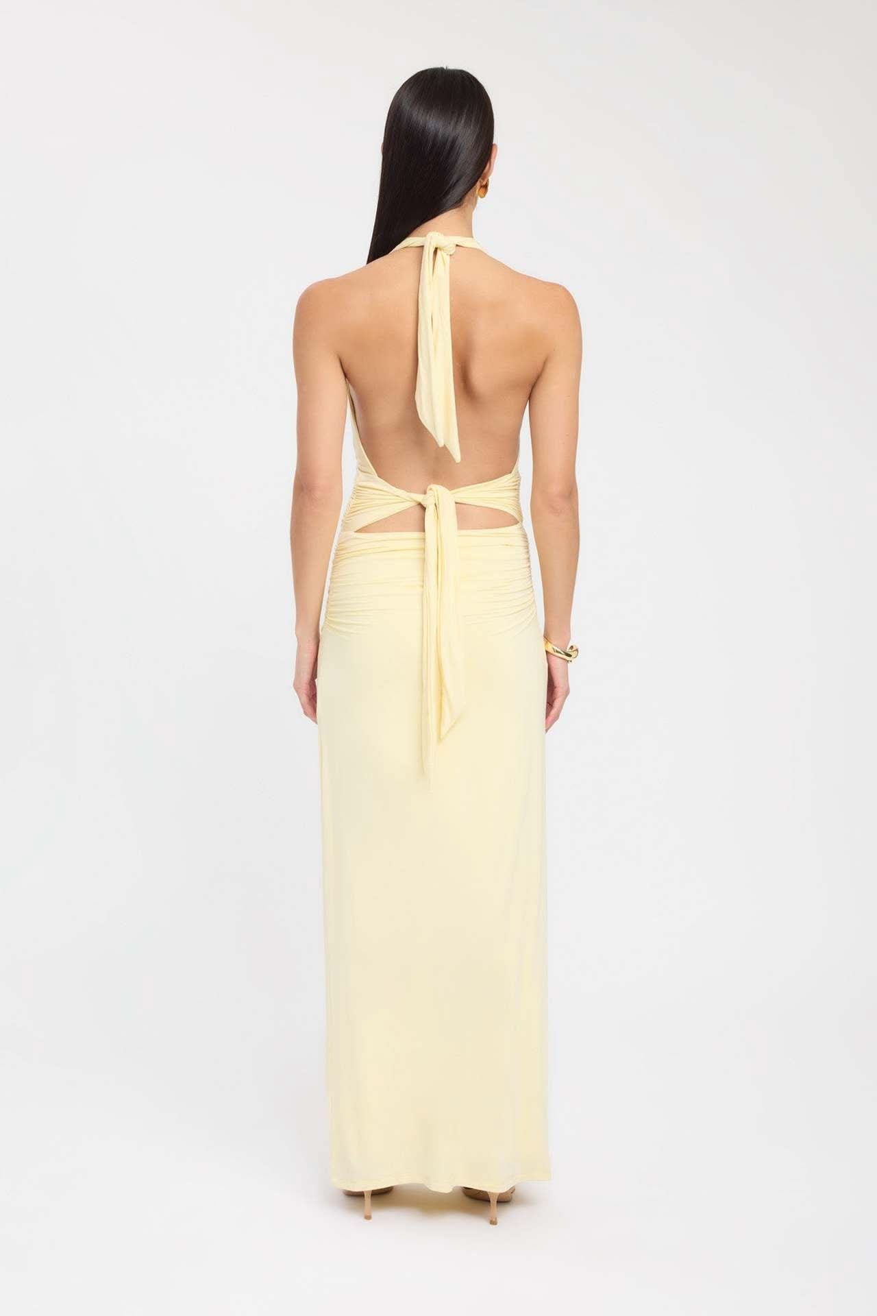 Women's Formal Halter Plunge Ruched Maxi Dress