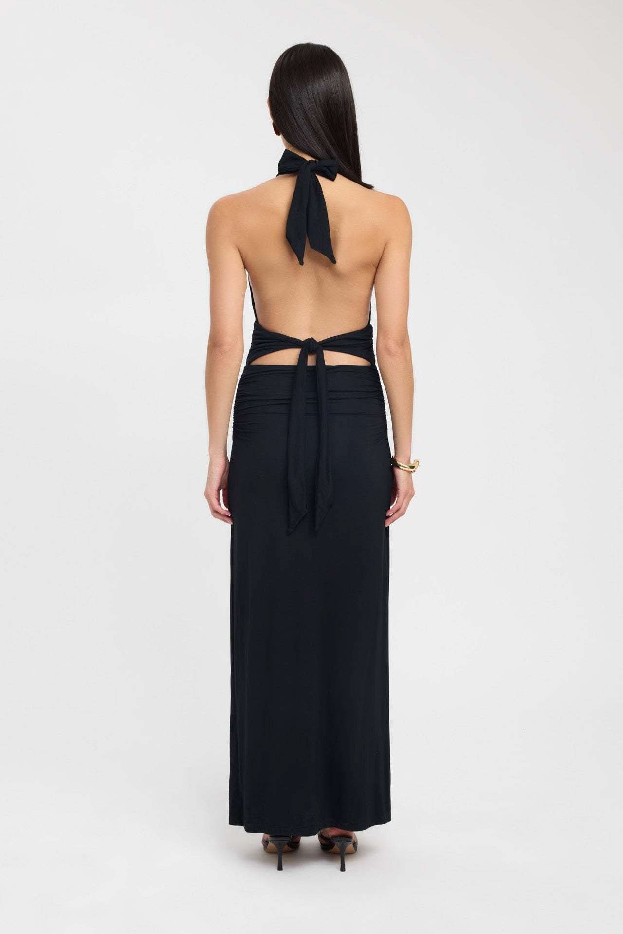Women's Formal Halter Plunge Ruched Maxi Dress