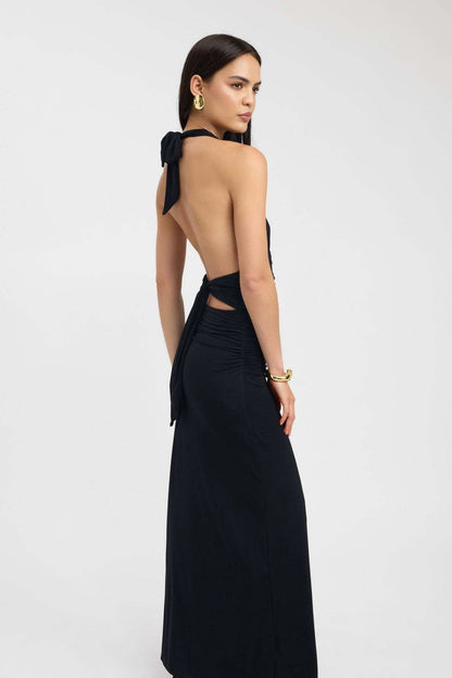 Women's Formal Halter Plunge Ruched Maxi Dress