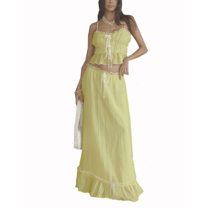 Women's Summer Ruffle Maxi Skirt Set Lace Up Cami