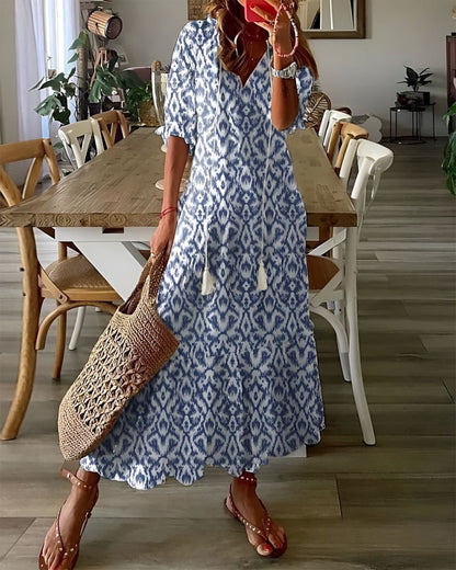 Women's Summer Ikat V Neck Maxi Dress With Tassel Tie