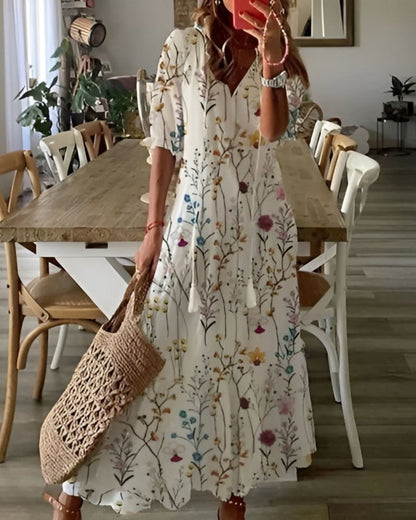 Women's Summer Ikat V Neck Maxi Dress With Tassel Tie