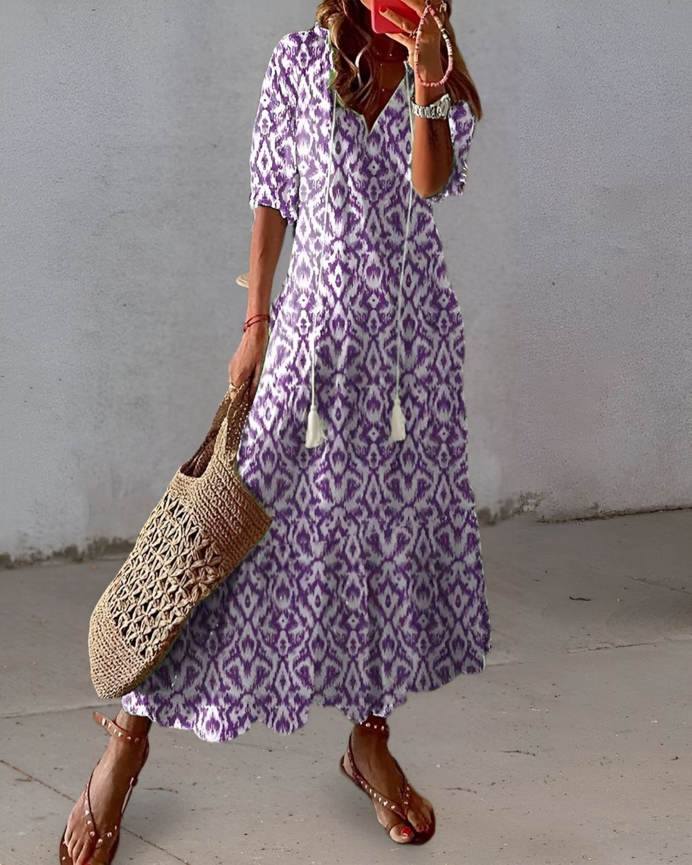 Women's Summer Ikat V Neck Maxi Dress With Tassel Tie