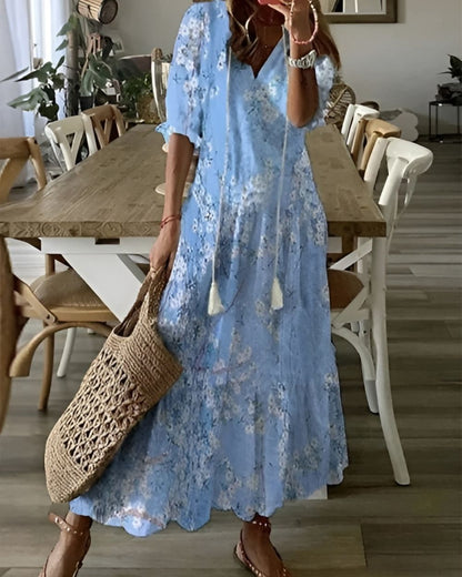 Women's Summer Ikat V Neck Maxi Dress With Tassel Tie