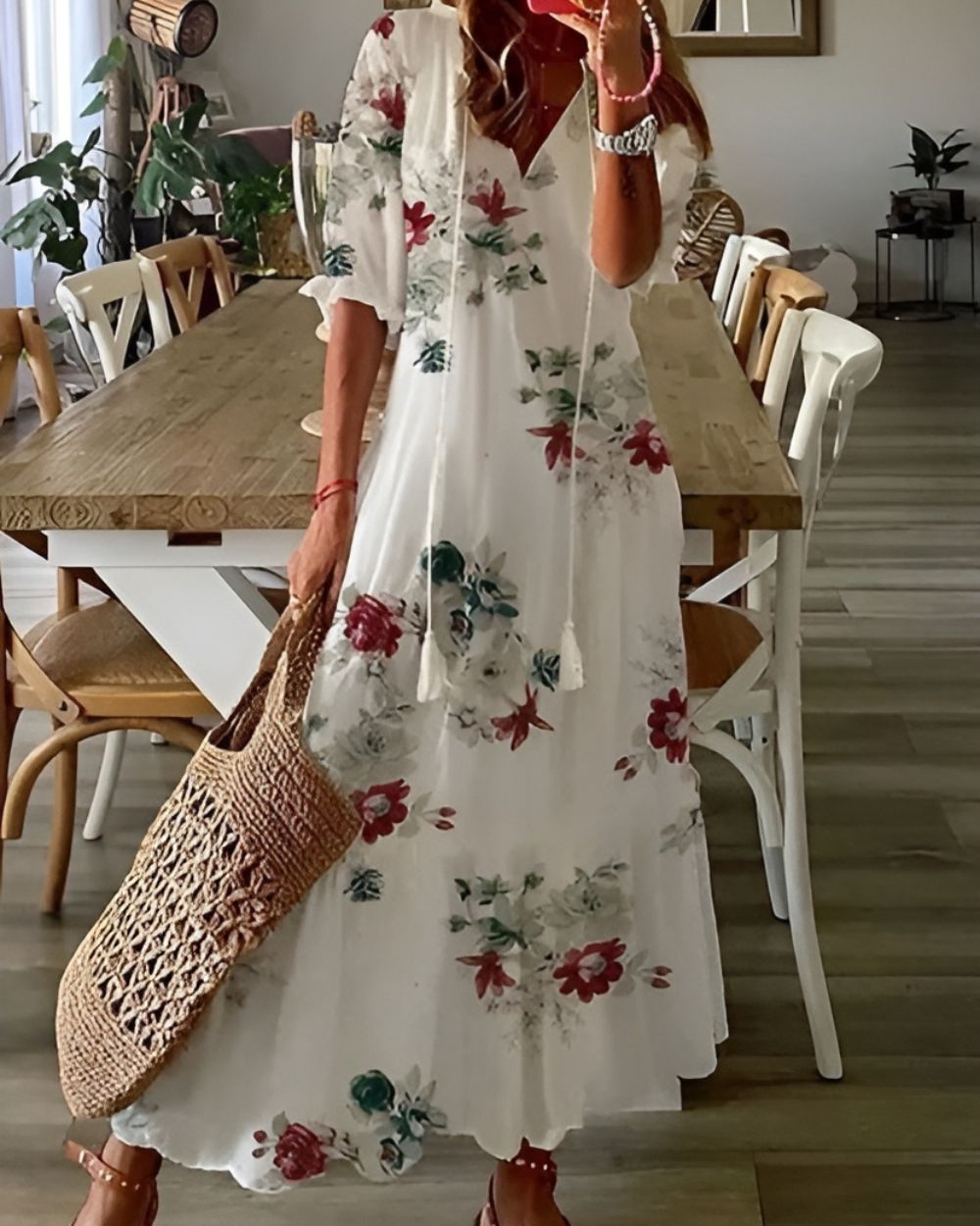 Women's Summer Ikat V Neck Maxi Dress With Tassel Tie