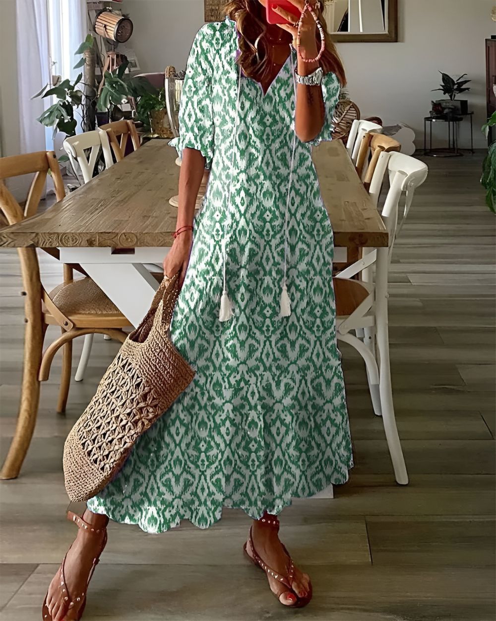 Women's Summer Ikat V Neck Maxi Dress With Tassel Tie