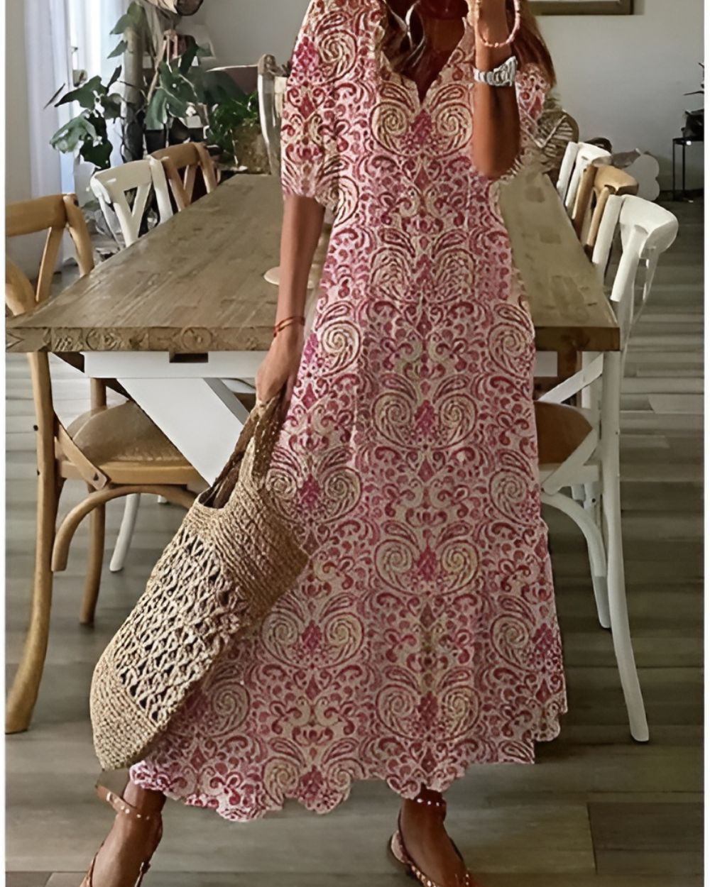 Women's Summer Ikat V Neck Maxi Dress With Tassel Tie
