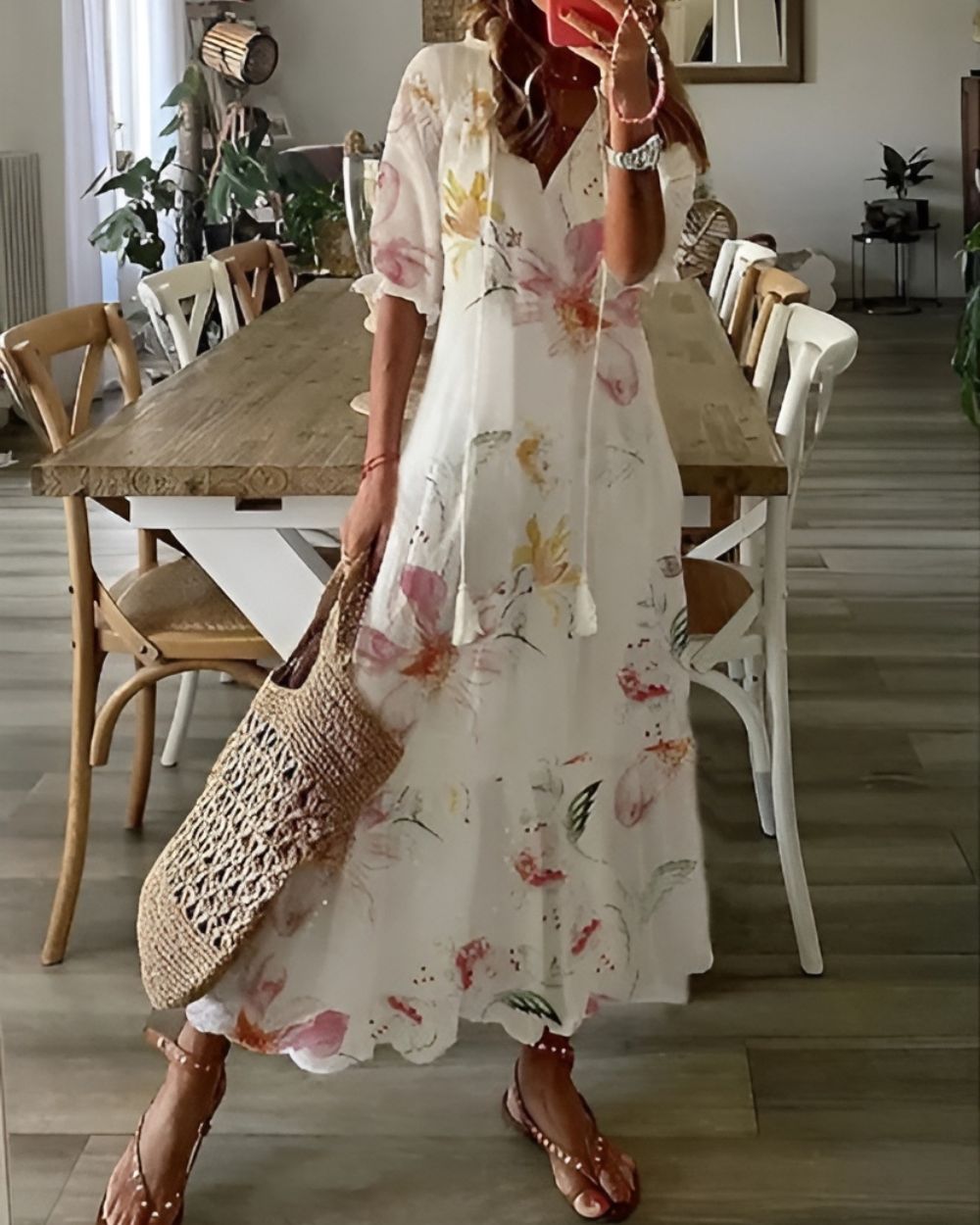 Women's Summer Ikat V Neck Maxi Dress With Tassel Tie