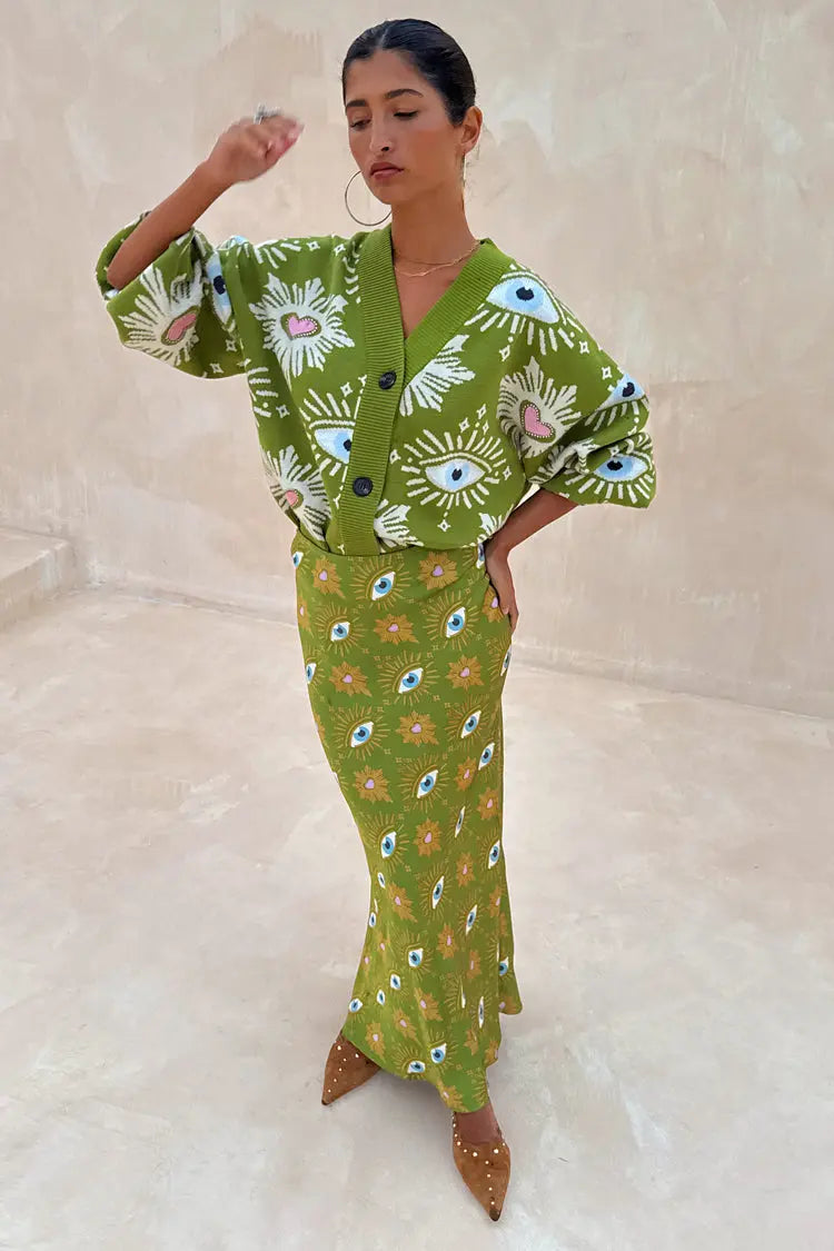 Women's Eye Print V Neck Knit Cardigan and Midi Skirt Set