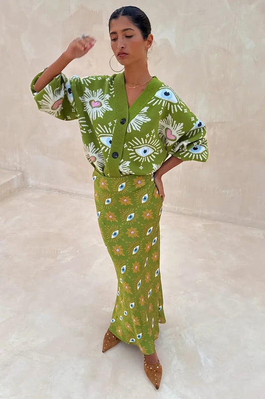 Women's Eye Print V Neck Knit Cardigan and Midi Skirt Set
