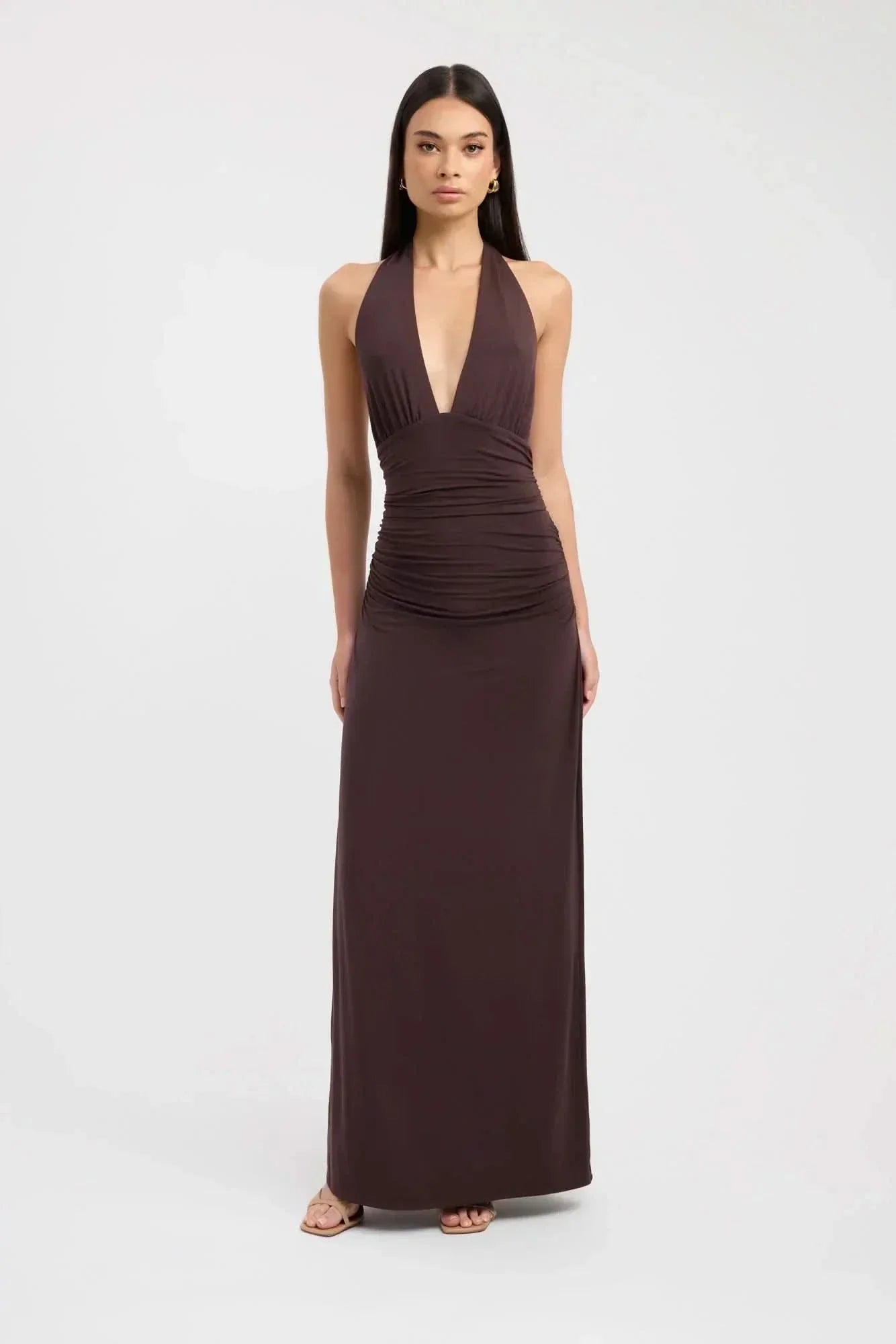 Women's Formal Halter Plunge Ruched Maxi Dress