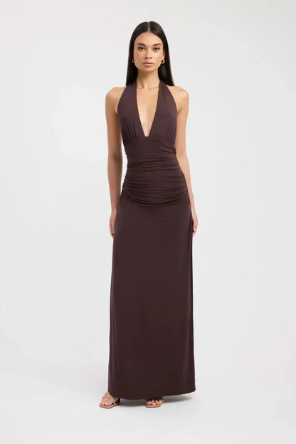 Women's Formal Halter Plunge Ruched Maxi Dress
