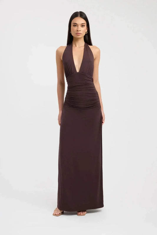 Women's Formal Halter Plunge Ruched Maxi Dress