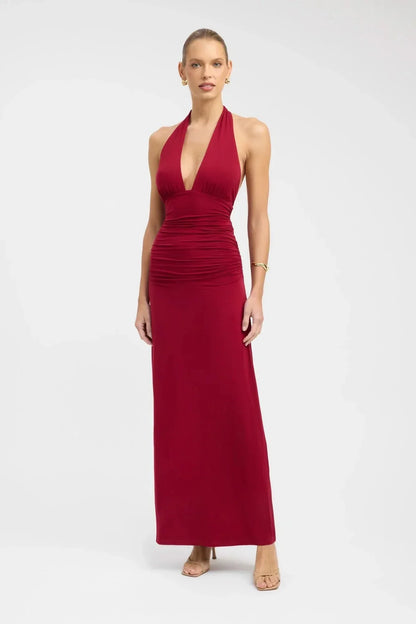 Women's Formal Halter Plunge Ruched Maxi Dress