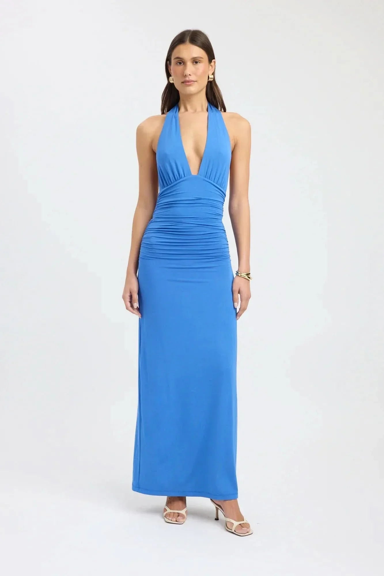 Women's Formal Halter Plunge Ruched Maxi Dress