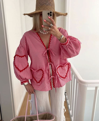 Women's Summer Gingham V Neck Tie Front Blouse