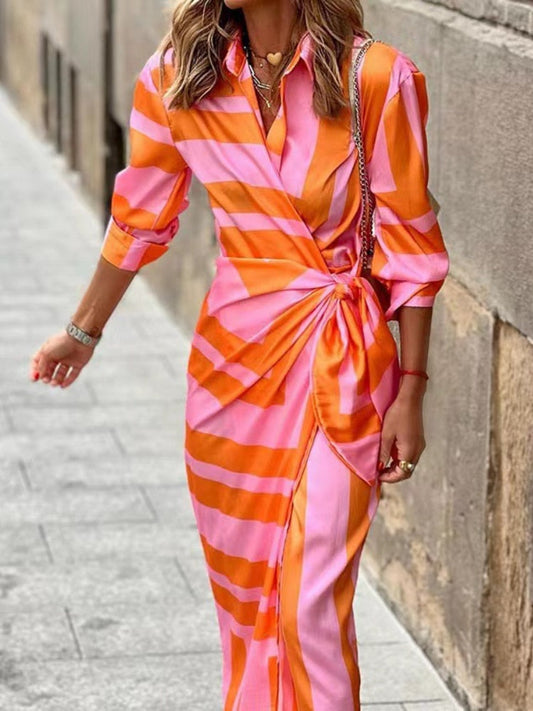 Women's Summer Wrap Midi Dress With Collar Long Sleeve