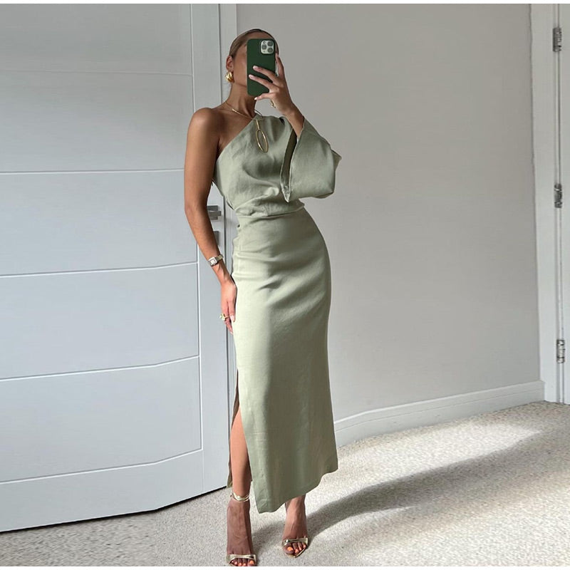 Women's Wedding Guest One Shoulder Satin Midi Dress