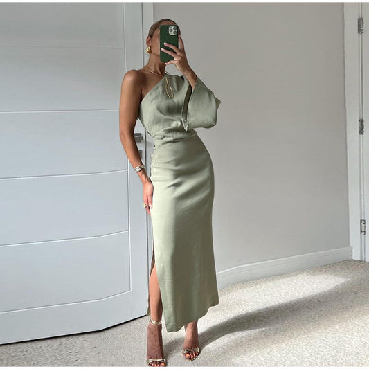 Women's Wedding Guest One Shoulder Satin Midi Dress