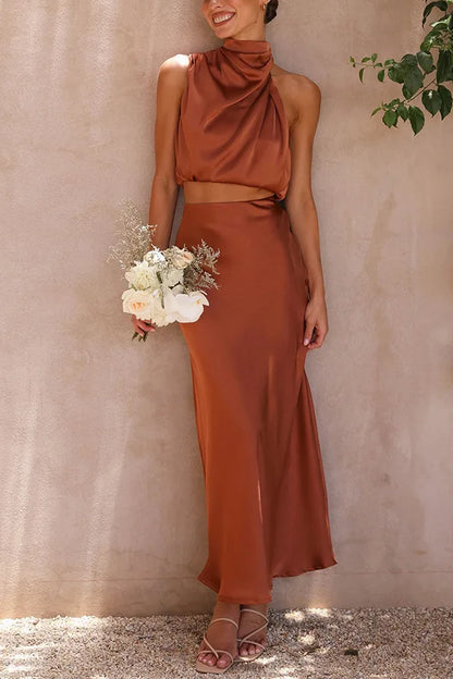Women's Wedding Guest Satin Sleeveless Maxi Skirt Set