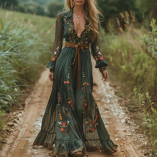 Women's Wedding Guest Floral V Neck Maxi Dress with Belt