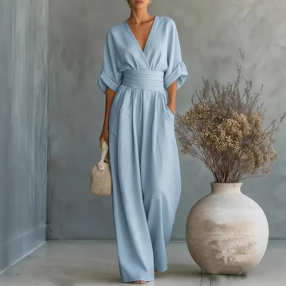 Women's Cocktail V Neck Flutter Sleeve Wide Leg Jumpsuit
