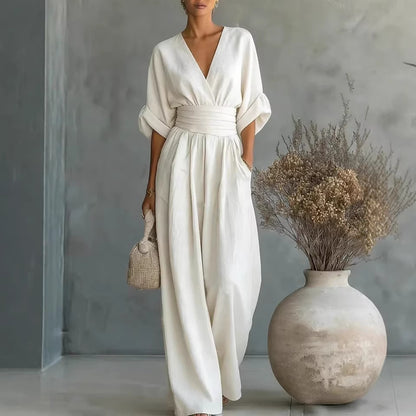 Women's Cocktail V Neck Flutter Sleeve Wide Leg Jumpsuit