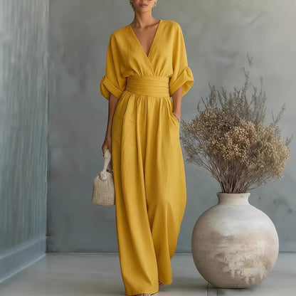 Women's Cocktail V Neck Flutter Sleeve Wide Leg Jumpsuit
