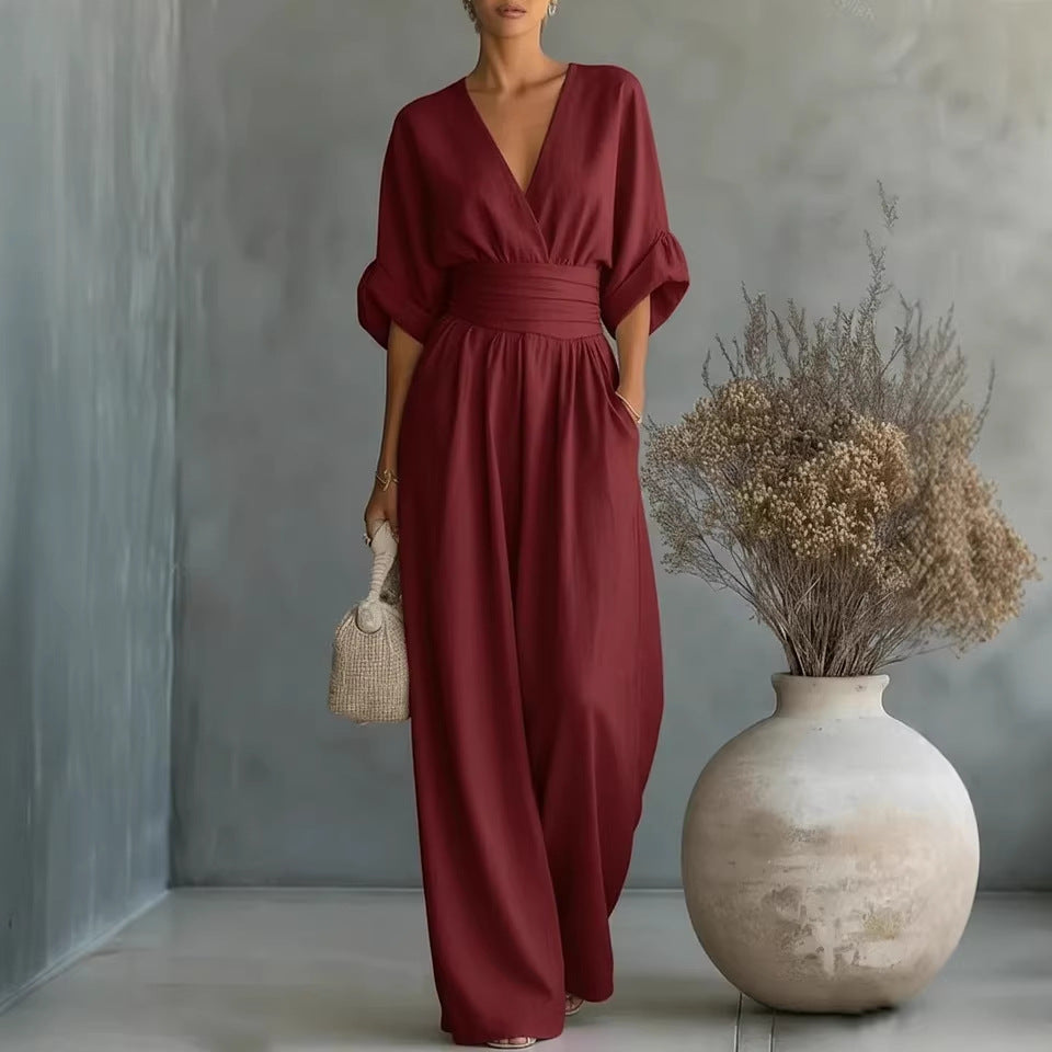Women's Cocktail V Neck Flutter Sleeve Wide Leg Jumpsuit