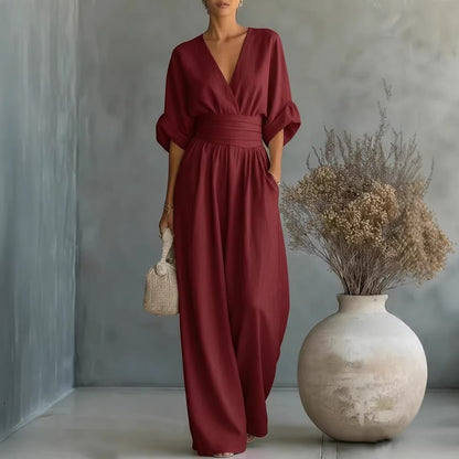 Women's Cocktail V Neck Flutter Sleeve Wide Leg Jumpsuit