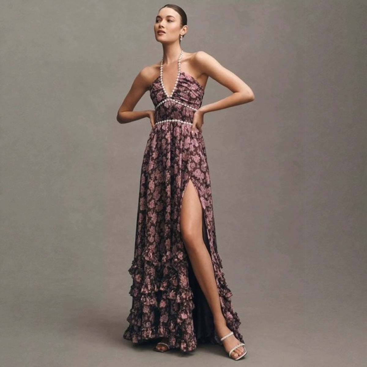 Women's Wedding Guest Floral Halter Maxi Dress With Slit