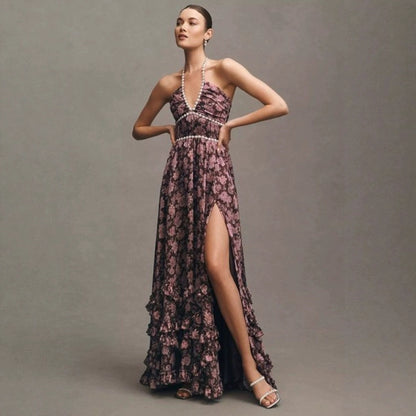 Women's Wedding Guest Floral Halter Maxi Dress With Slit