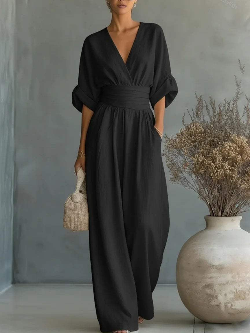 Women's Cocktail V Neck Flutter Sleeve Wide Leg Jumpsuit