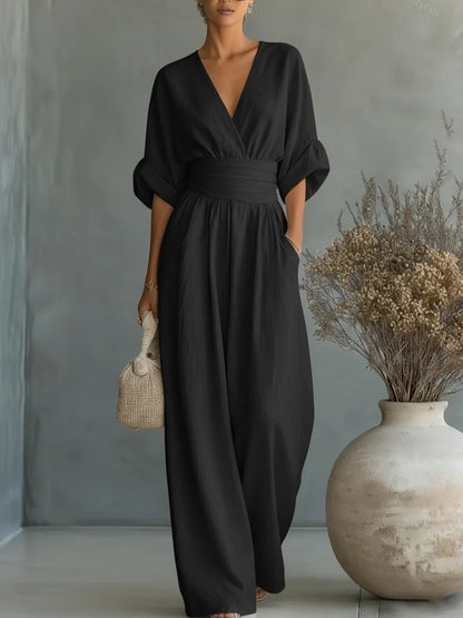 Women's Cocktail V Neck Flutter Sleeve Wide Leg Jumpsuit