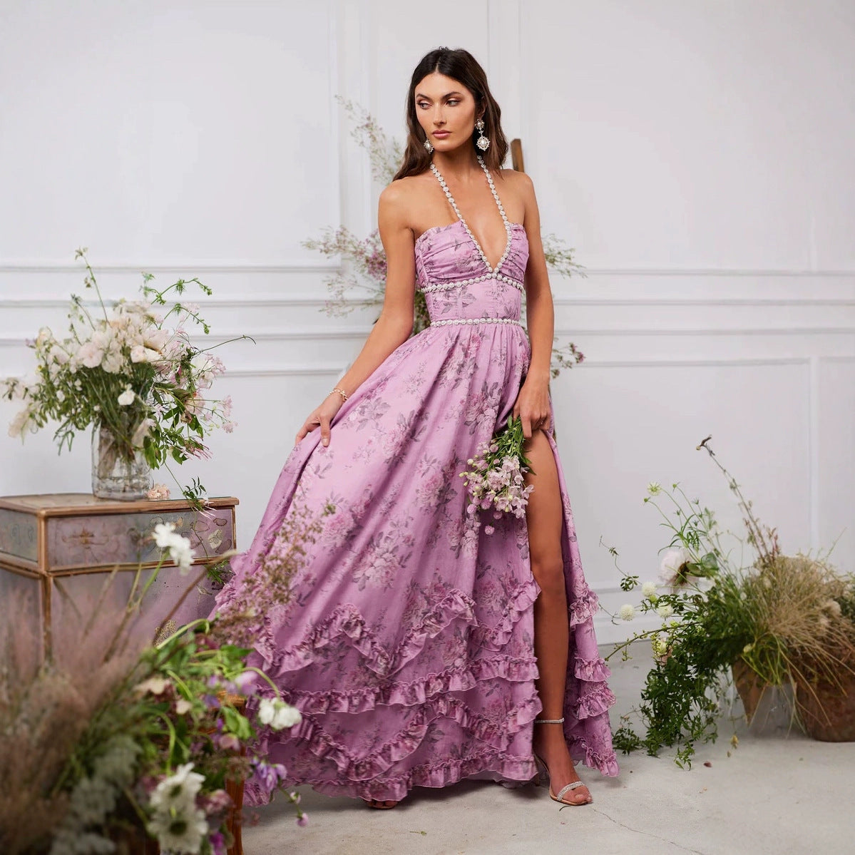 Women's Wedding Guest Floral Halter Maxi Dress With Slit