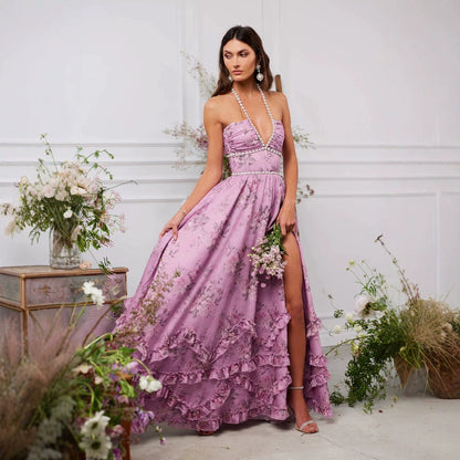 Women's Wedding Guest Floral Halter Maxi Dress With Slit