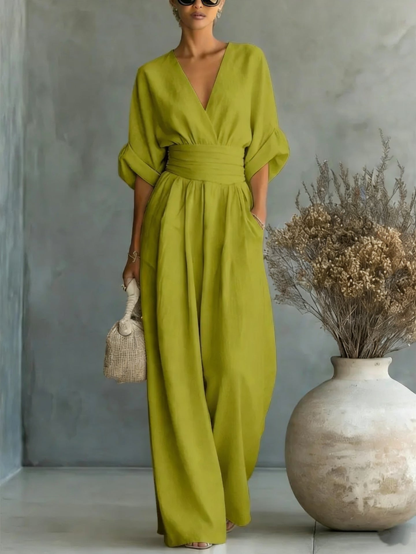 Women's Cocktail V Neck Flutter Sleeve Wide Leg Jumpsuit