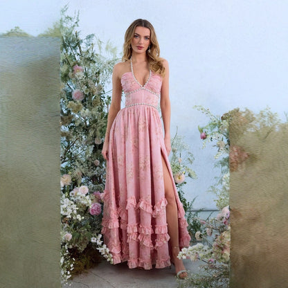 Women's Wedding Guest Floral Halter Maxi Dress With Slit