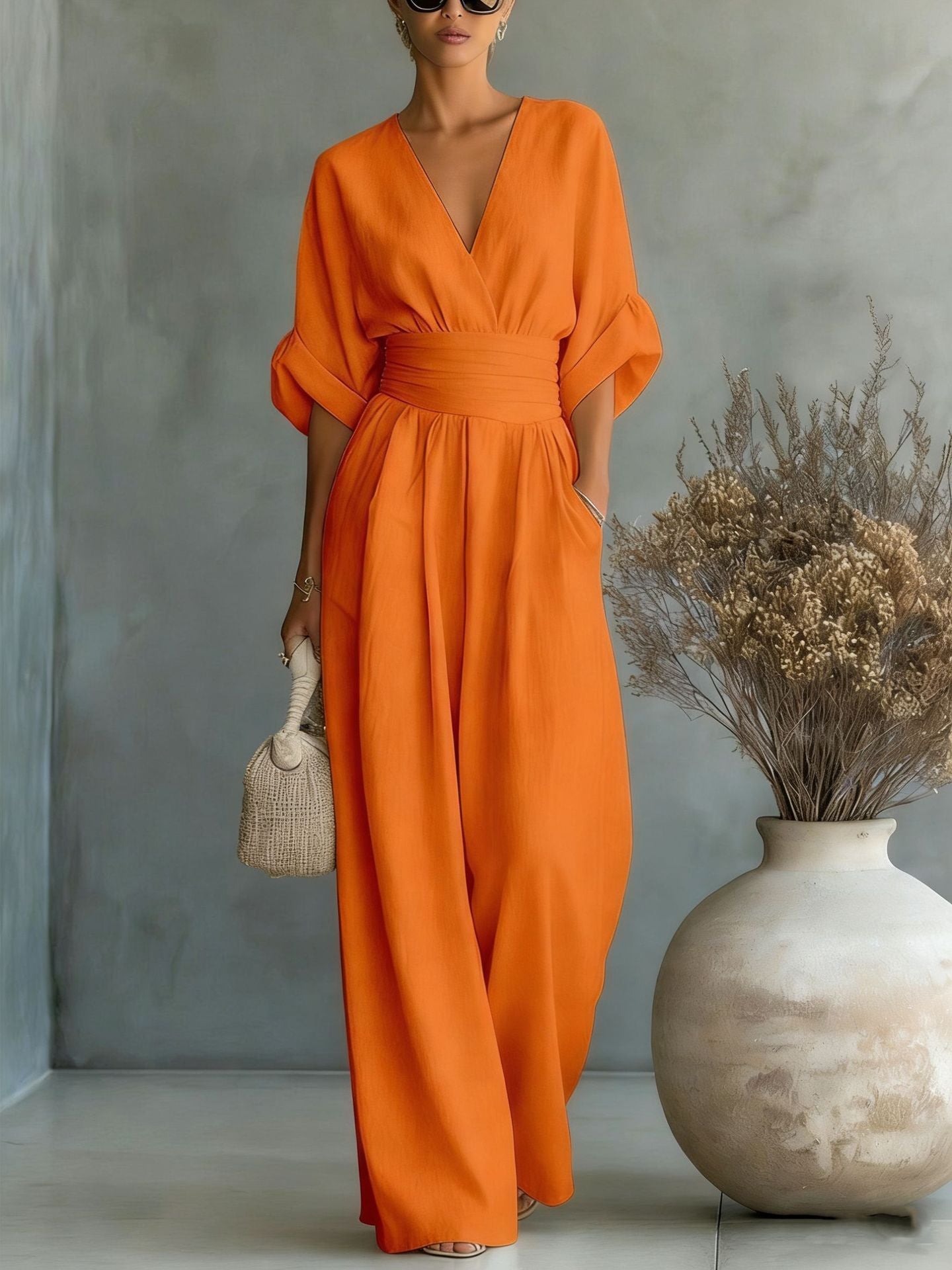 Women's Cocktail V Neck Flutter Sleeve Wide Leg Jumpsuit